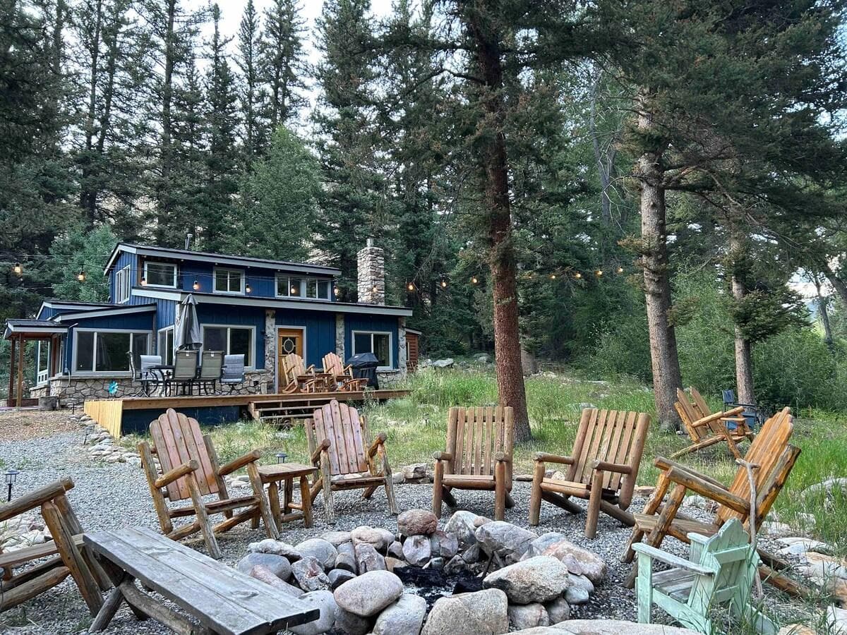 Rustic cabin campfire seating.